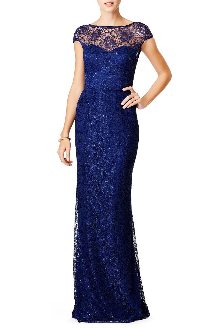 THEIA Dark Blue Metallic Floral Lace Overlay Shimmering Element Gown Size 6